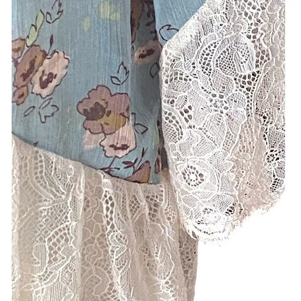 BCBGeneration Women's Blue Lacey Floral Boho Shawl Cape Bohemian Kimono Wrap